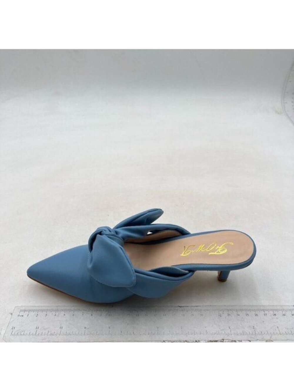 FOWT Pointed Toe Slip On Mules with Bow, Low Kitten Heel Backless Blue Shoes